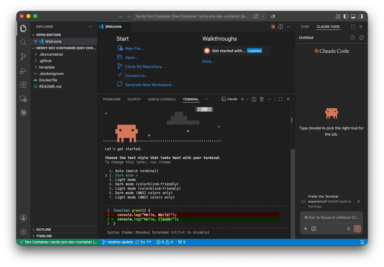 VS Code geopend in de Nerdy Dev Container, met Claude Code in de geïntegreerde terminal en het zijpaneel