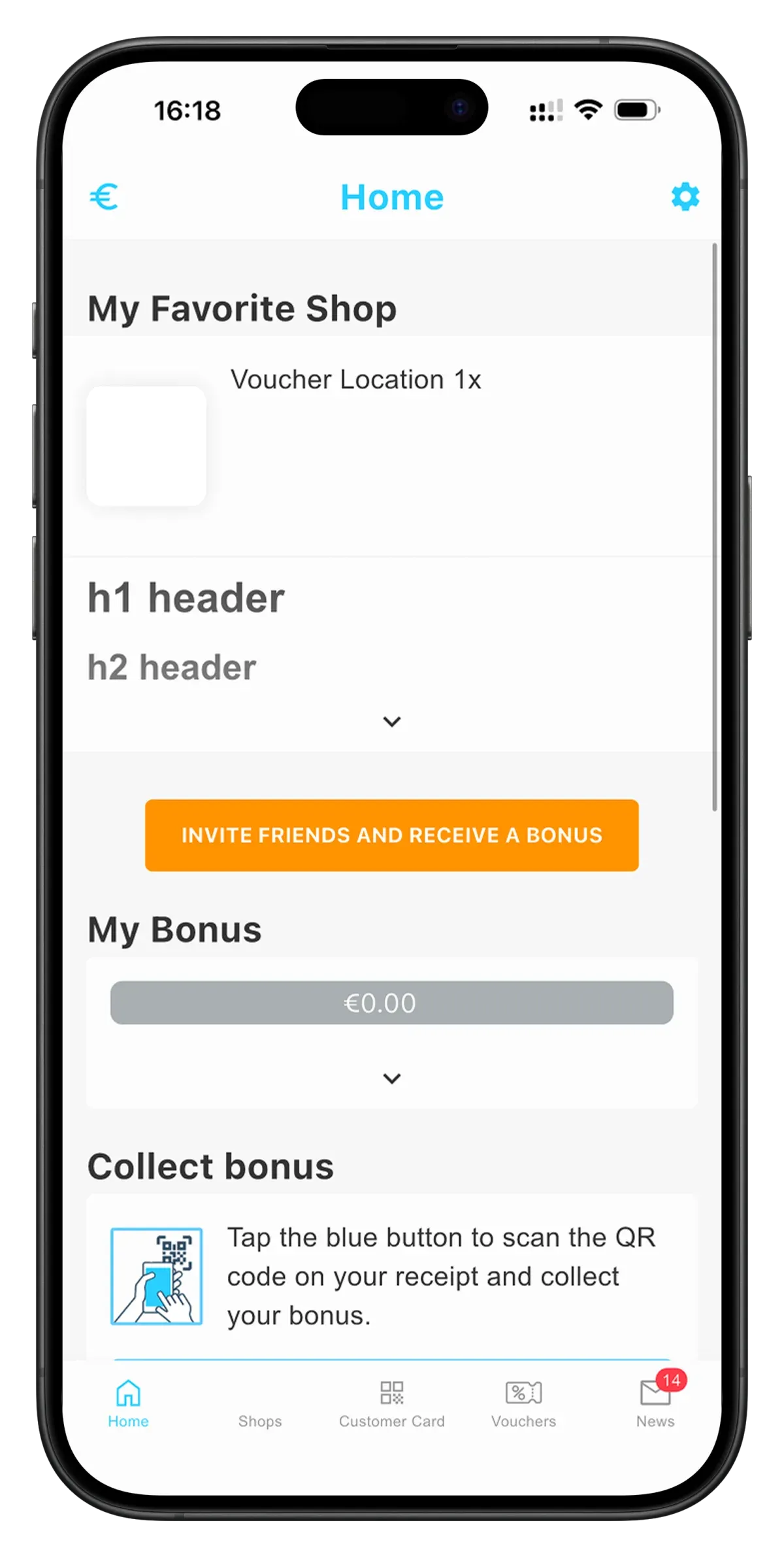 Startscherm van de consumentenapp met cashbacksaldo en bonus voor vrienden uitnodigen
