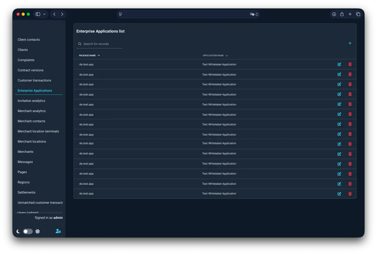 Lijst met white-label applicaties in de beheer-UI